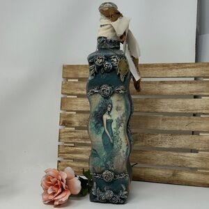 Elegant Teal Blue Decorative Handcrafted Bottle with Mermaid Design